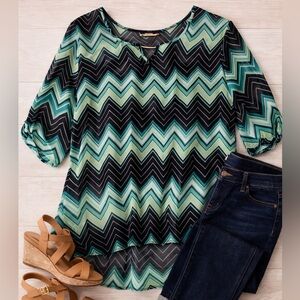 Sheer Chevron Blouse | Green & Black Zigzag Top | 3/4 Sleeve | Size 3X